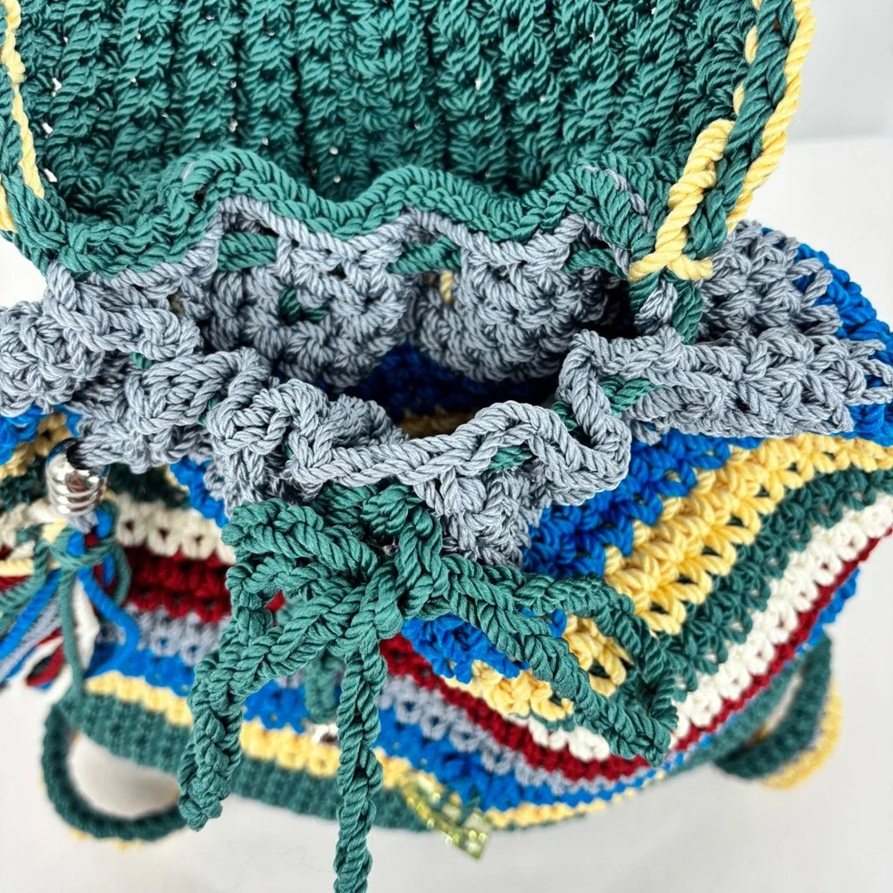 Handmade Crochet Striped Backpack Teal Multi Color Bow Detail Boho Knit Bag